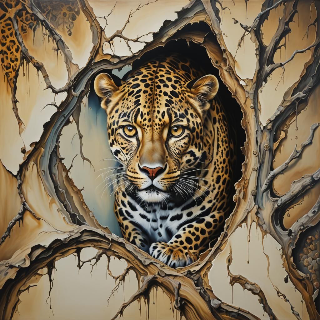 Psychosurreal Leopard Hiding: Hyperrealistic Melting Oil Pai...