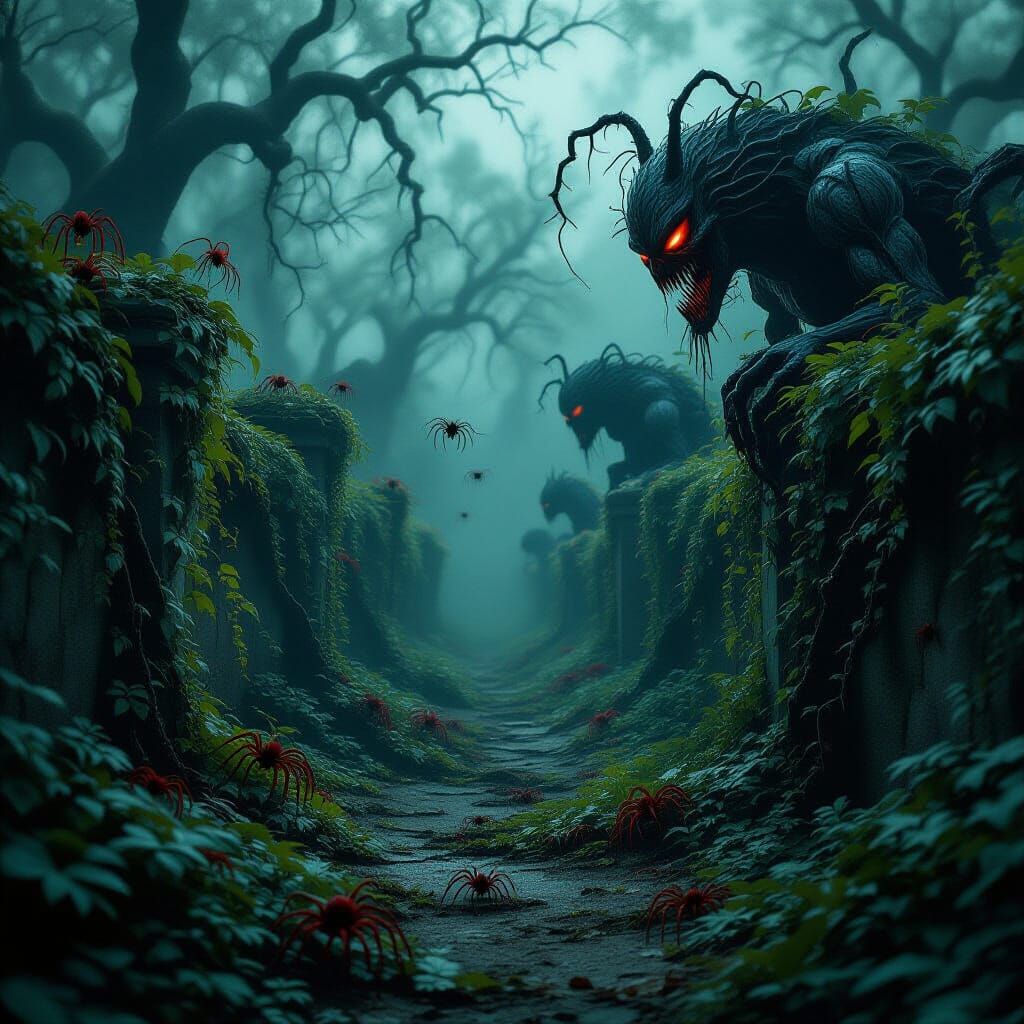 Nightmarish Garden with Spiders in Biomechanical Horror Styl...
