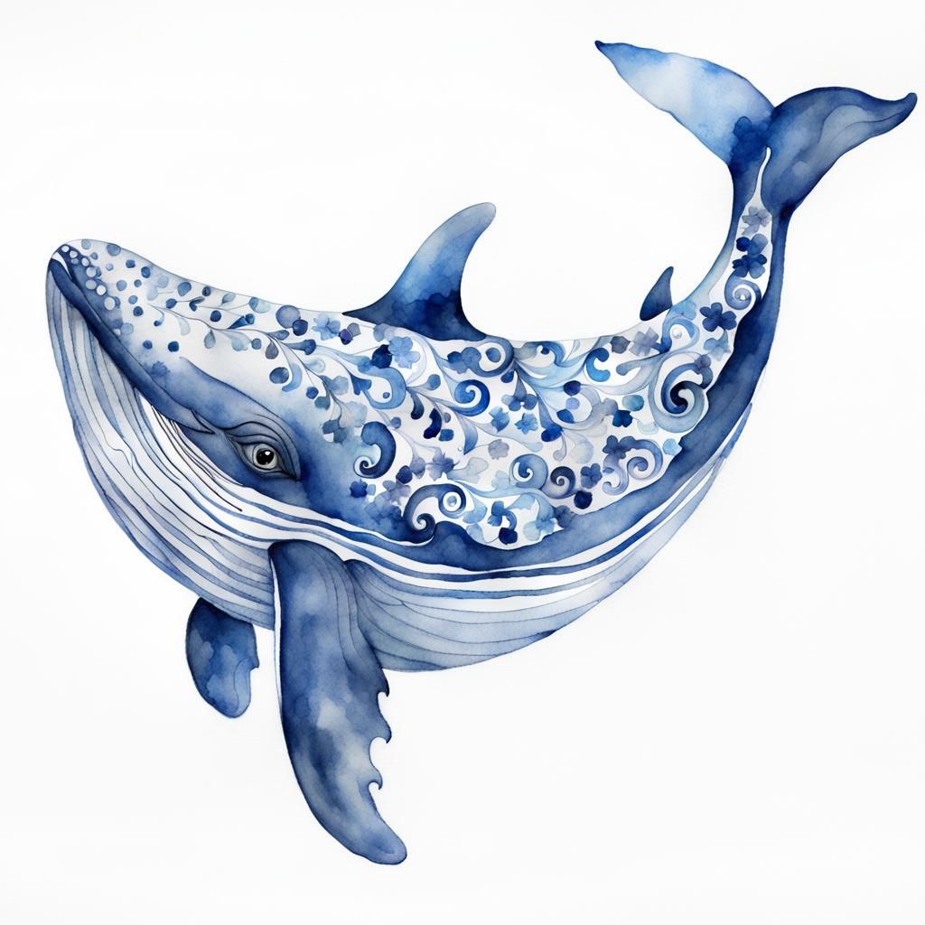 watercolor illustration  of delft blue, chinoiserie humpback...