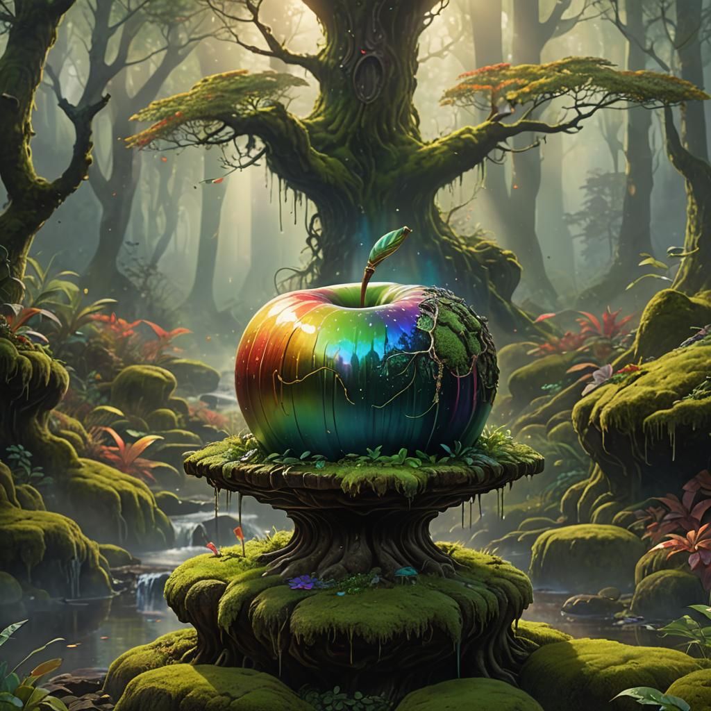 Rainbow Apple on Moss Pedestal in Misty Forest
