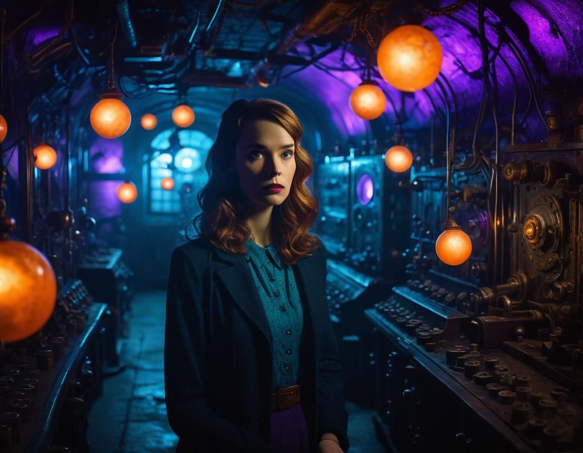 Eerie Underground Lair with Glowing Orbs in Film Noir