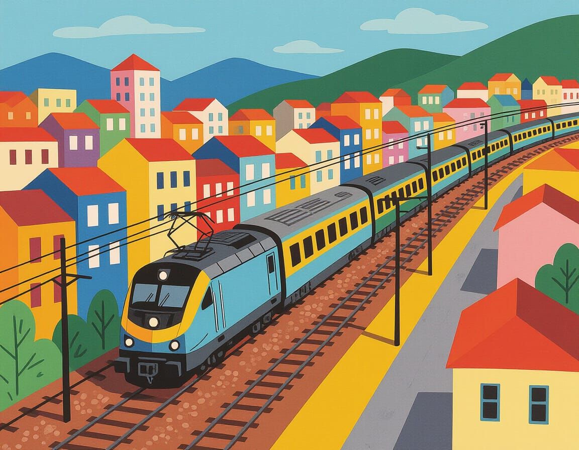 Train in Urban Landscape, Pop Art Illustration