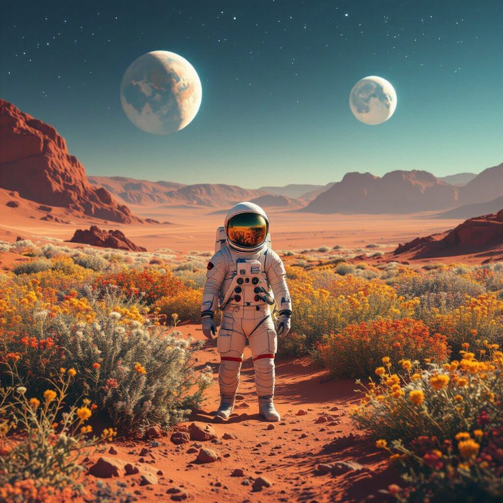 Astronaut Explores Alien Martian Garden Under Twin Moons