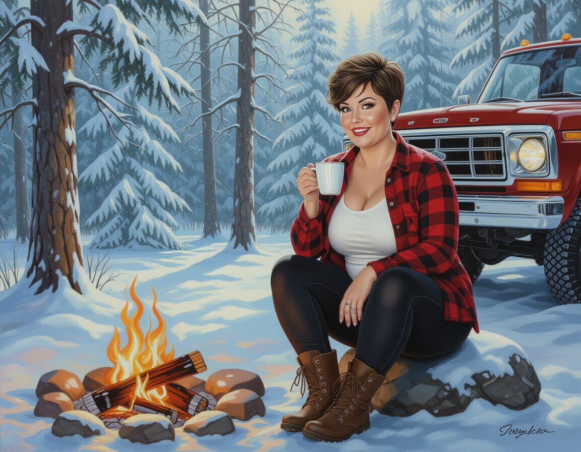 Woman Sits By Campfire With Coffee In Snowy Forest