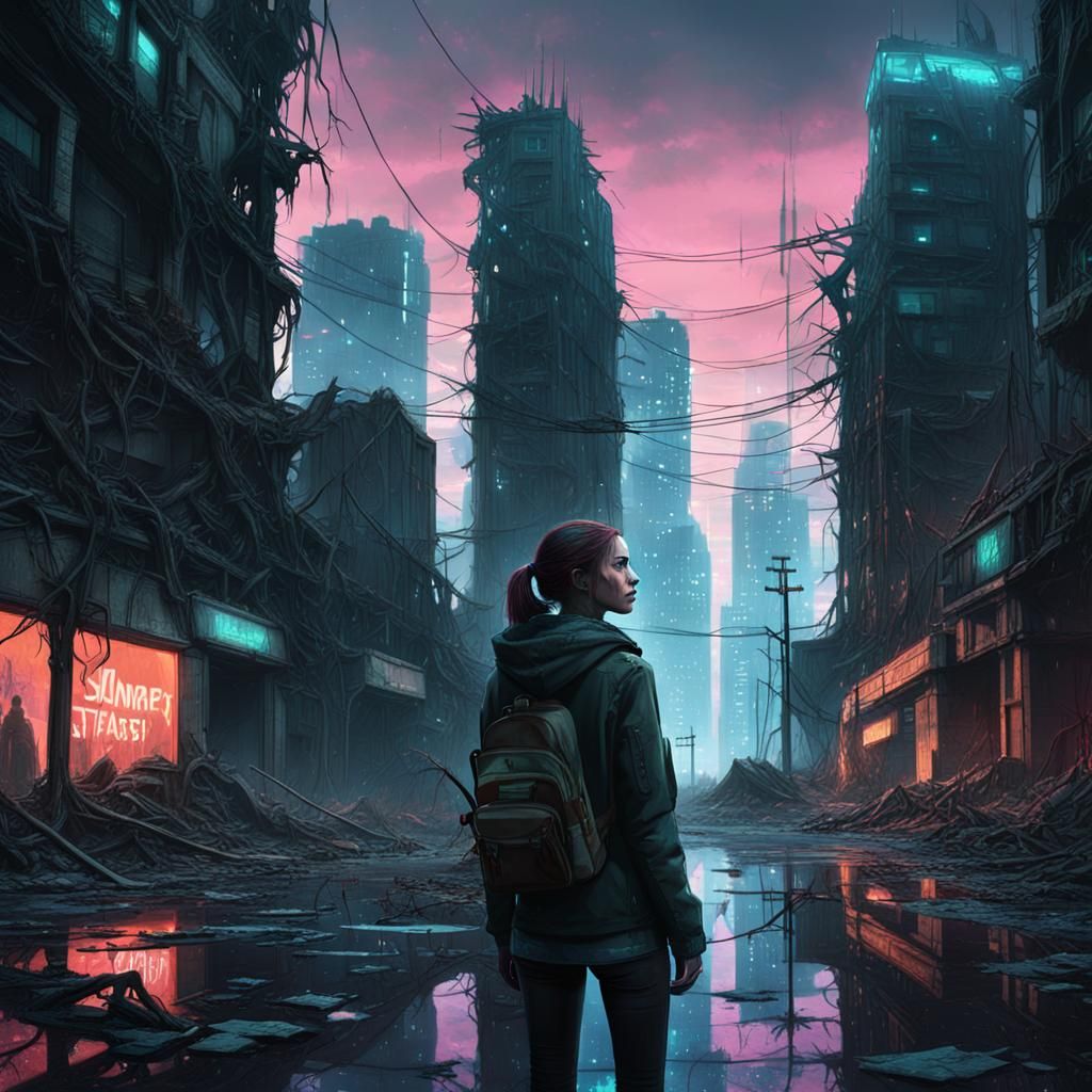 Dystopian Girl in Ruined Cityscape: Dark Fantasy Art