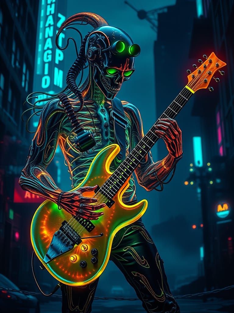 Bioluminescent Guitarman in Dark, Iridescent Glow