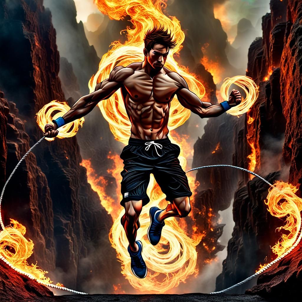 Fiery Abyss Jump: Hyperrealistic Action Painting