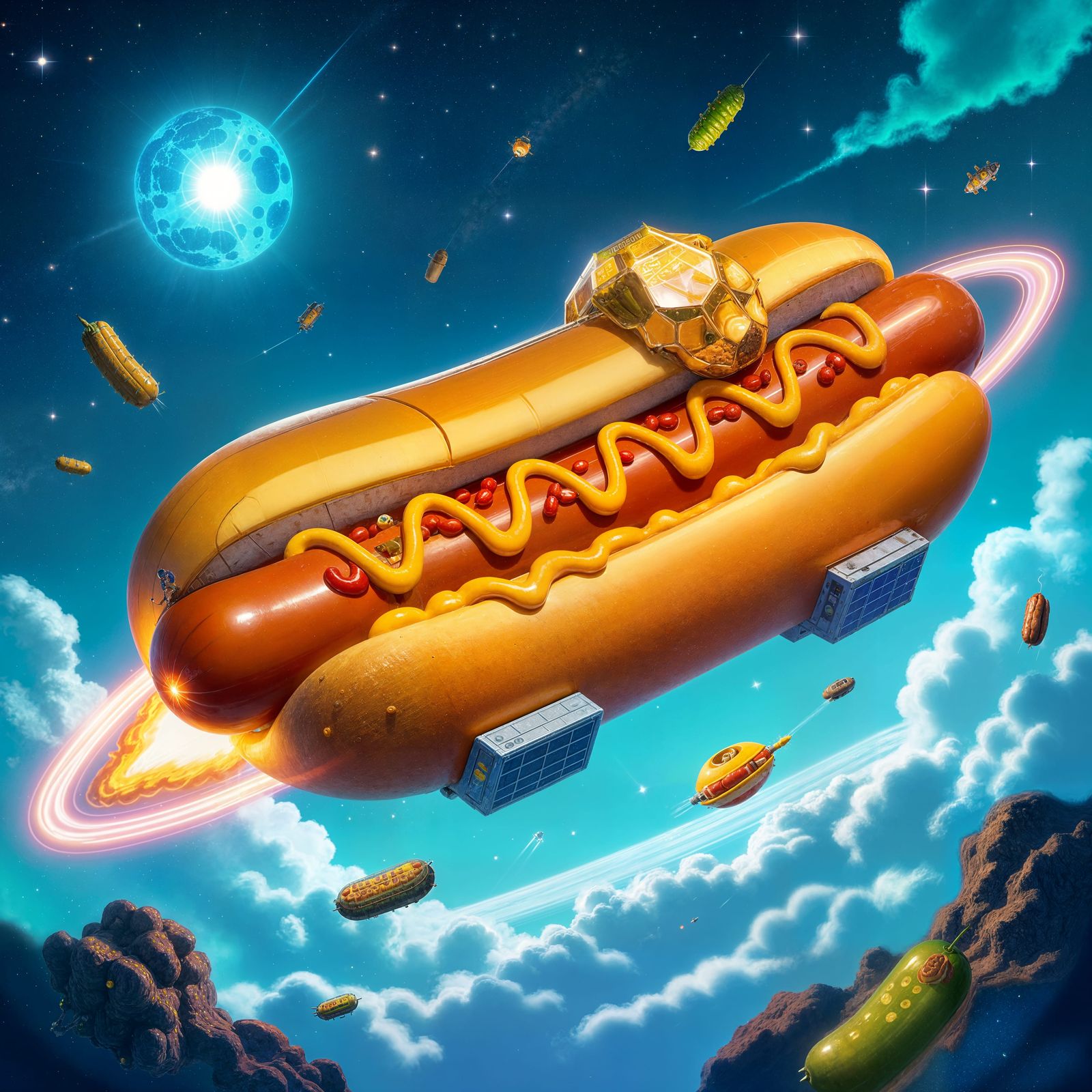 Hotdog Space Station Orbiting Blue Star in Cartoon Style
