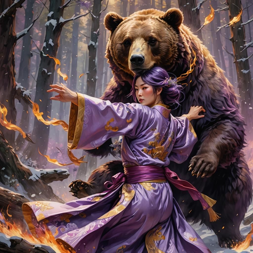 Japanese Woman Kicking Bear in Snowy Forest