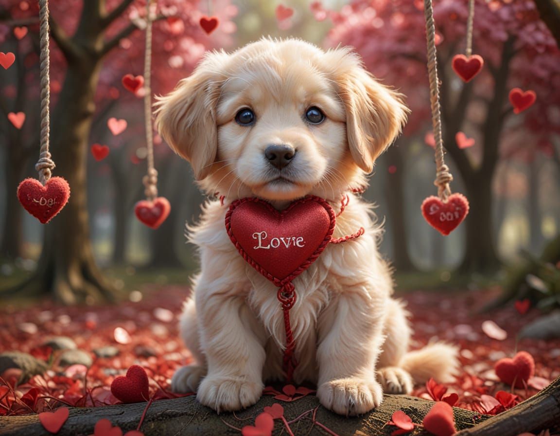 Golden Retriever Puppy on Swing in Digital Art Style