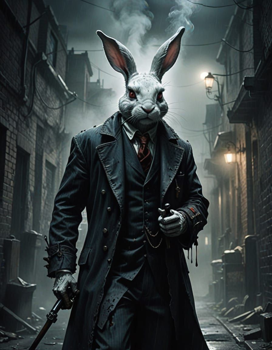 Grim Dark Fantasy Rabbit in Smoky Alleyway