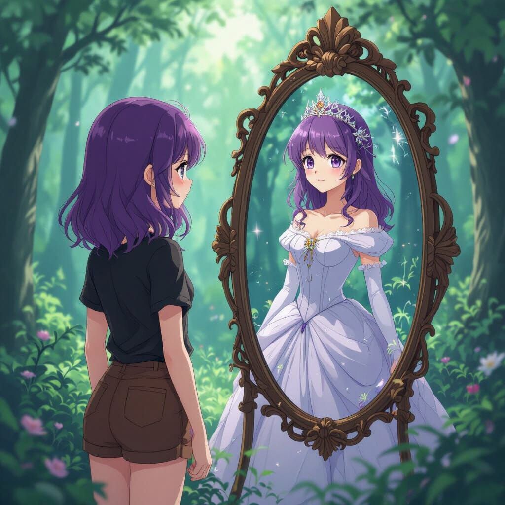 Anime Girl's Princess Reflection in Mystical Forest