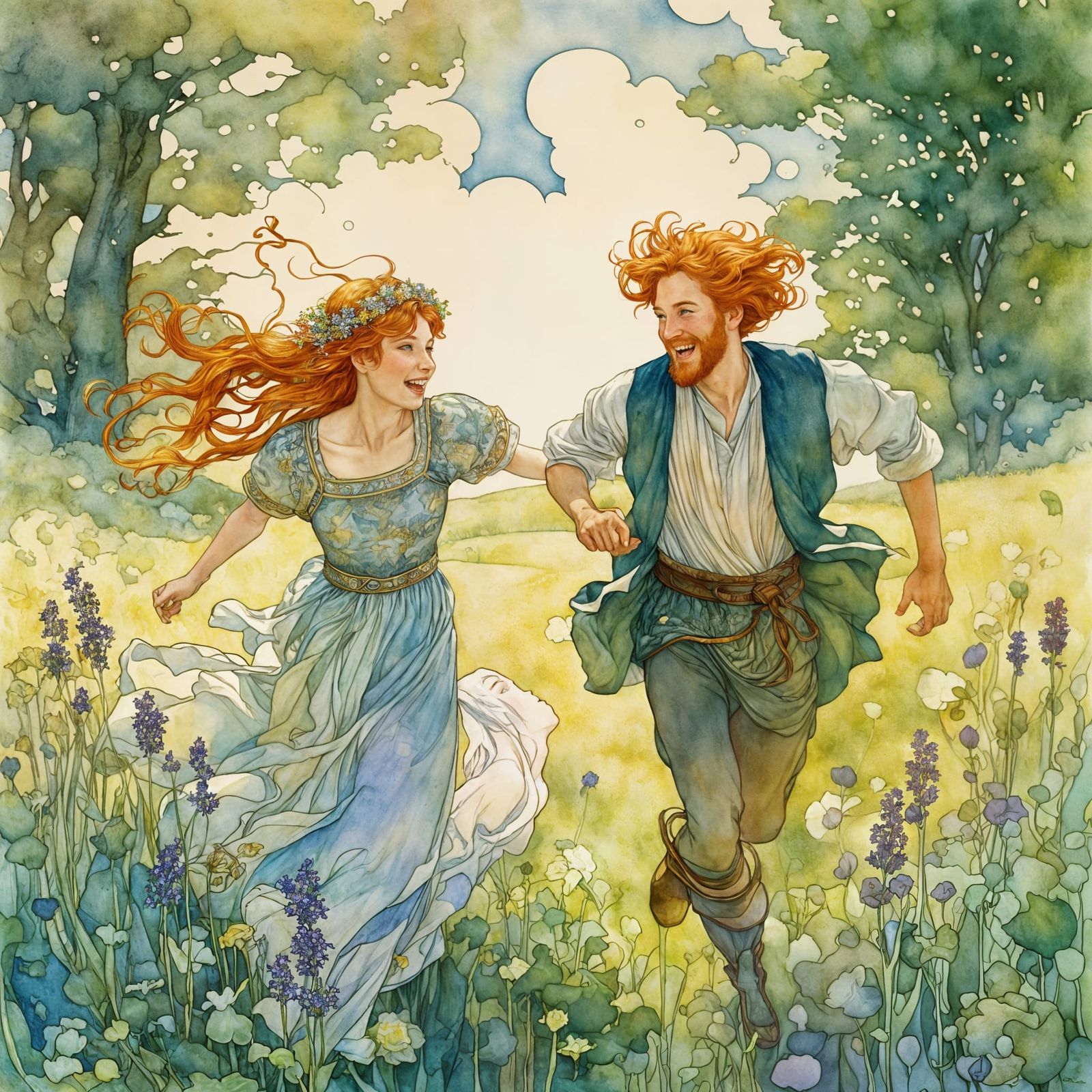 Redhead Royalty in Sunlit Meadow, Art Nouveau Watercolor