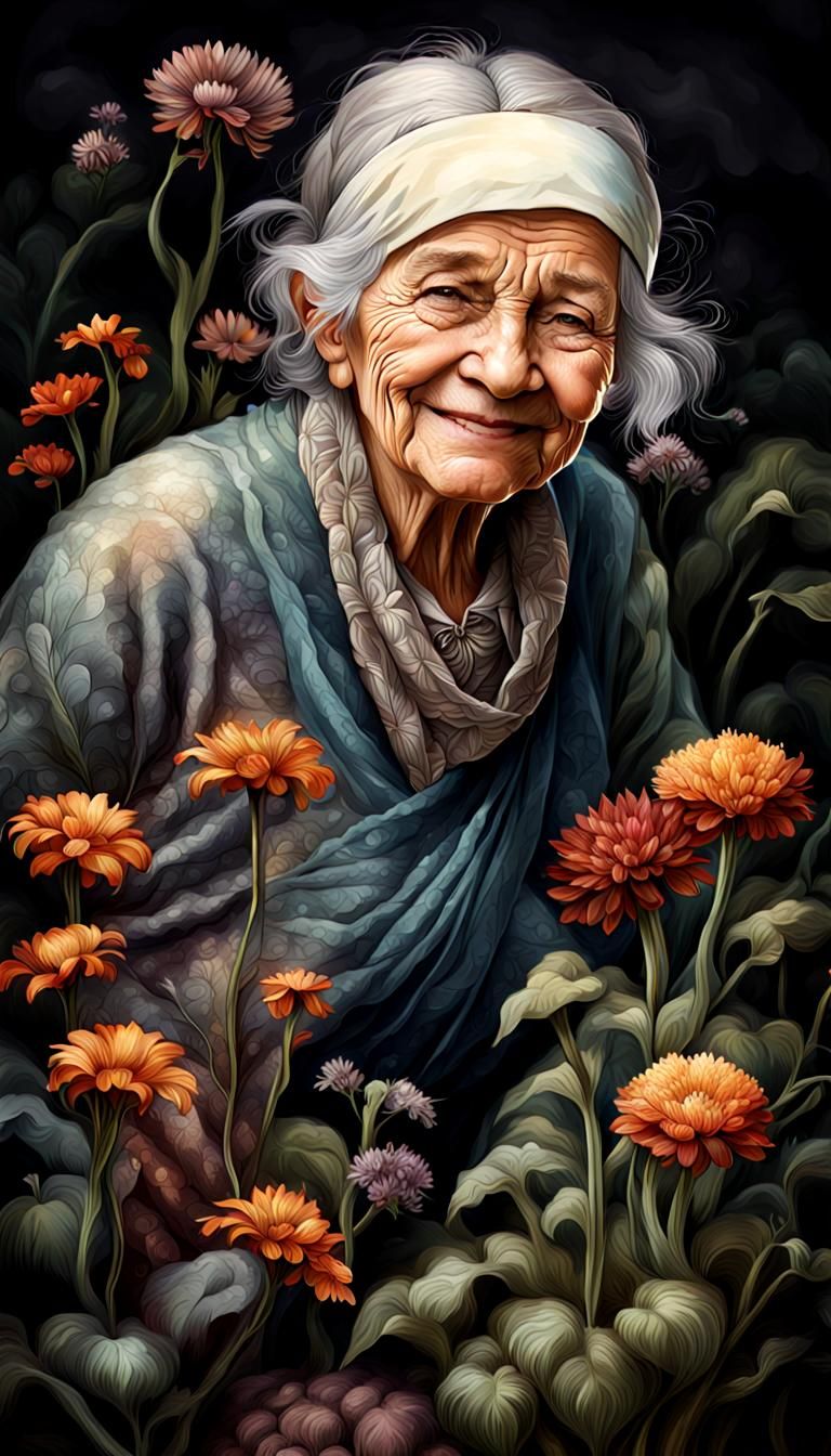 Floral Old Woman Portrait in Hyper-Detailed Digital Art