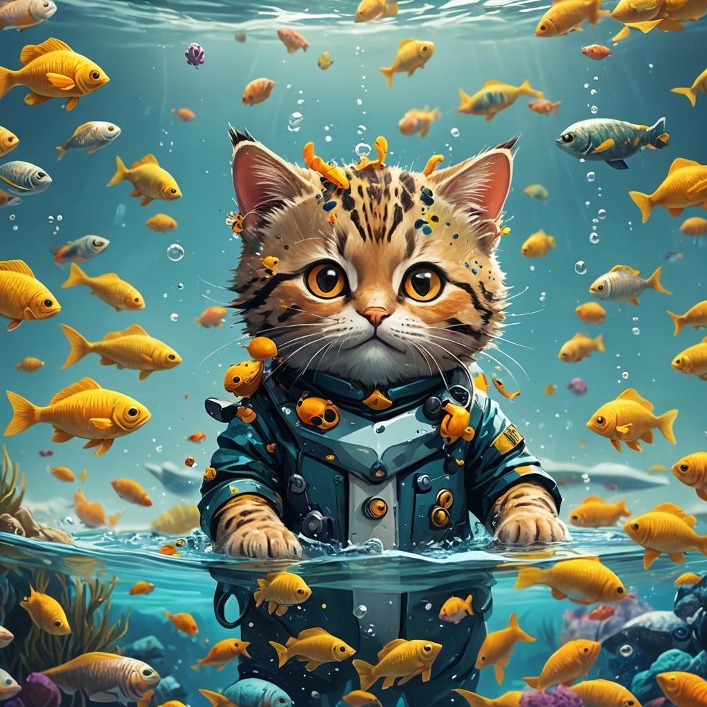 Kitten Snorkeler in Ocean: Children's Illustration Style