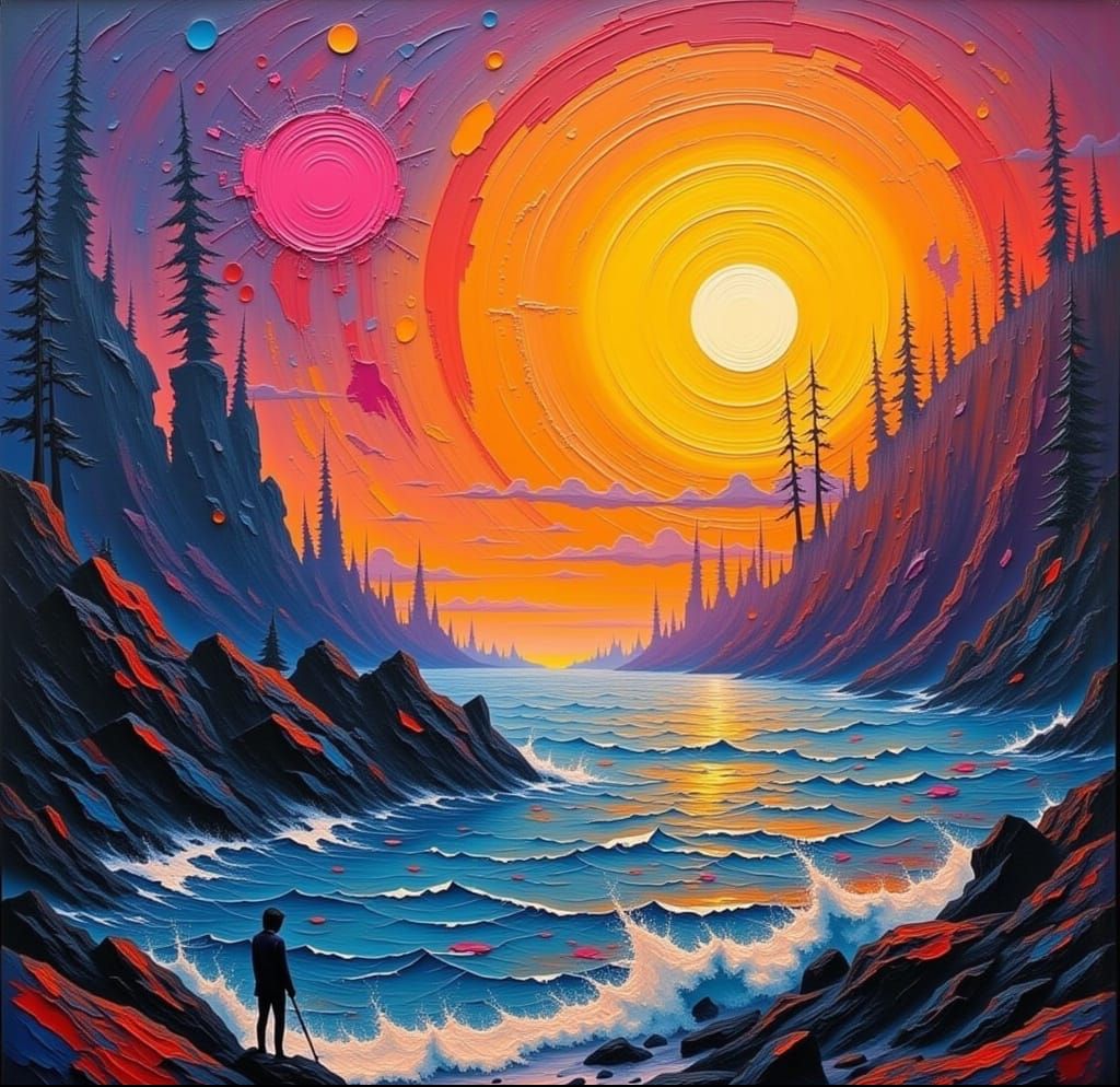 Impasto Sunset Seascape with Rocky Coastline