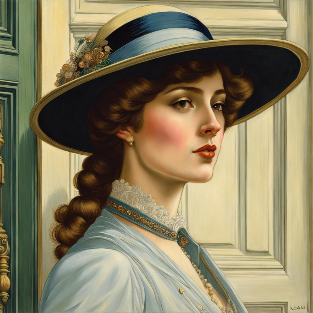 Up close, young Edwardian beauty in hat next to a mansion door in 1908, by Nōami, by Jean Fouquet, expressive, delicate ...