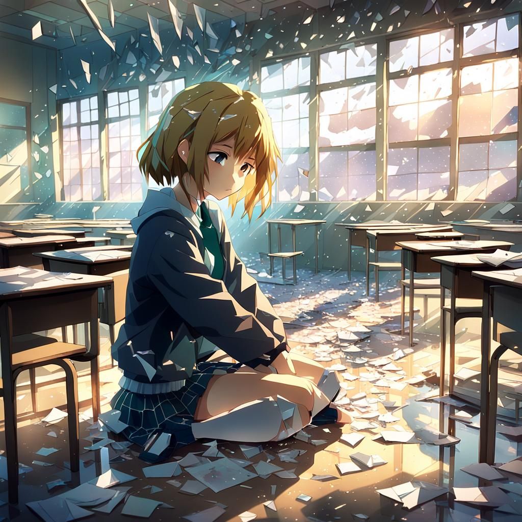 Solitary Girl in Abandoned Classroom: Anime Style