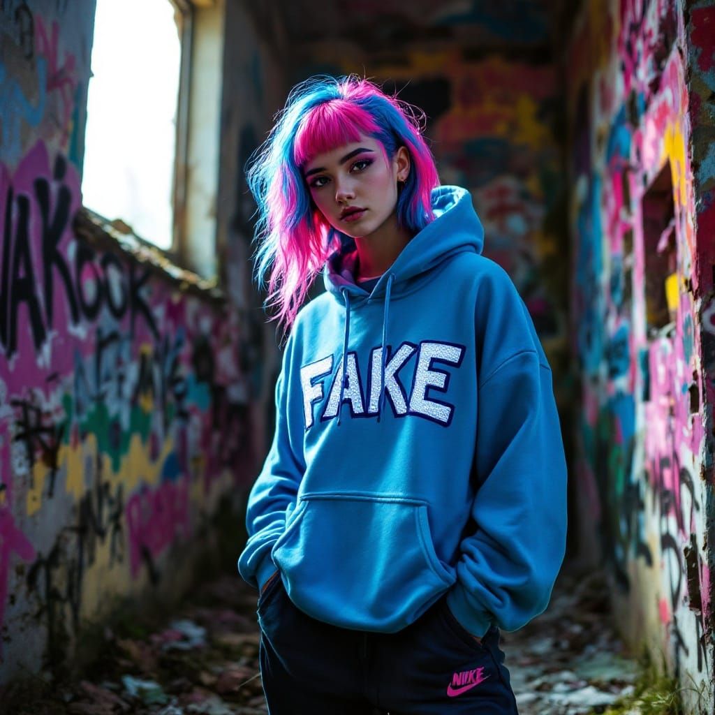 Confident Youth in Graffiti House, Urban Art Style