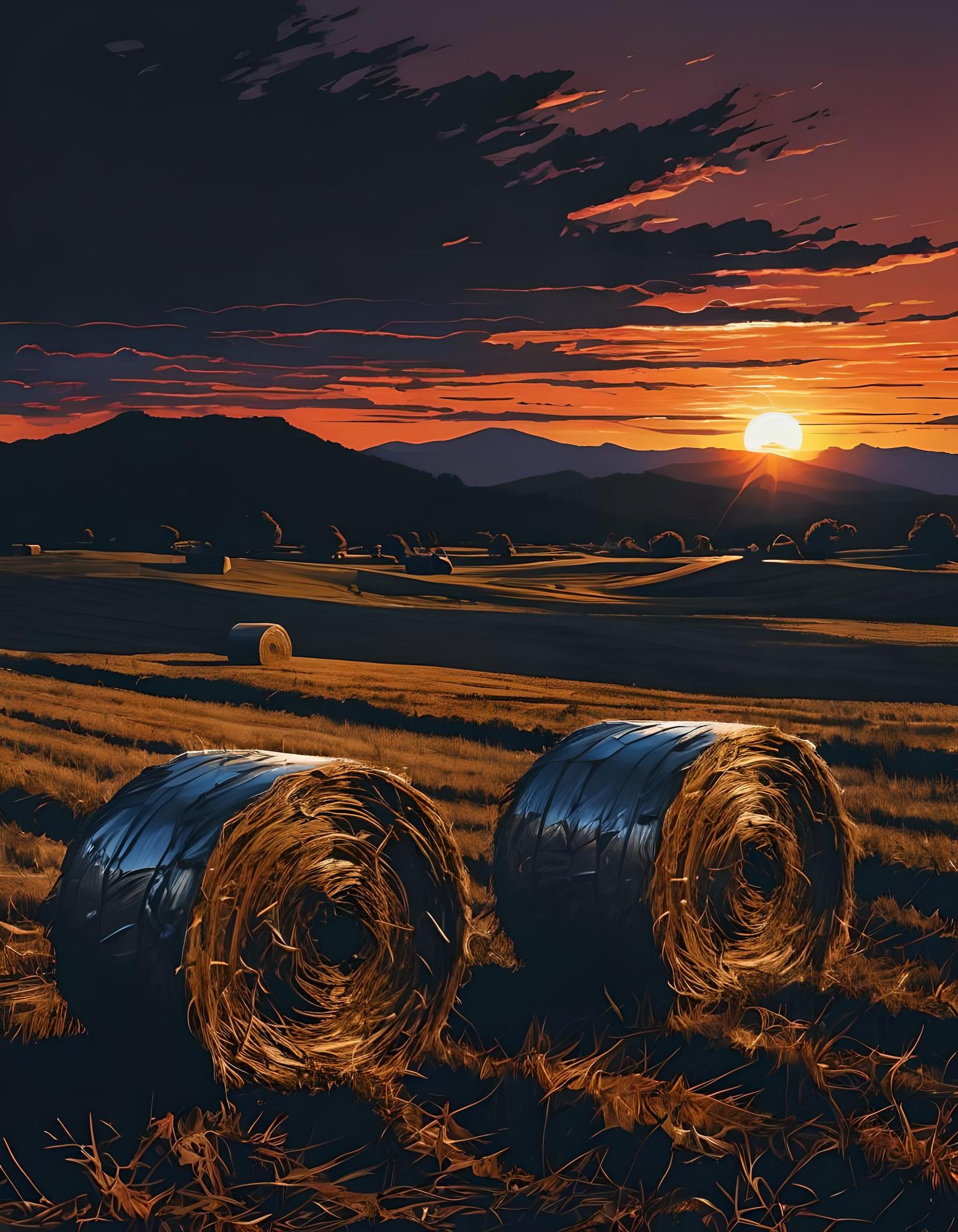 Sunset Hay Bales in Metallic Ink Vaporwave Style