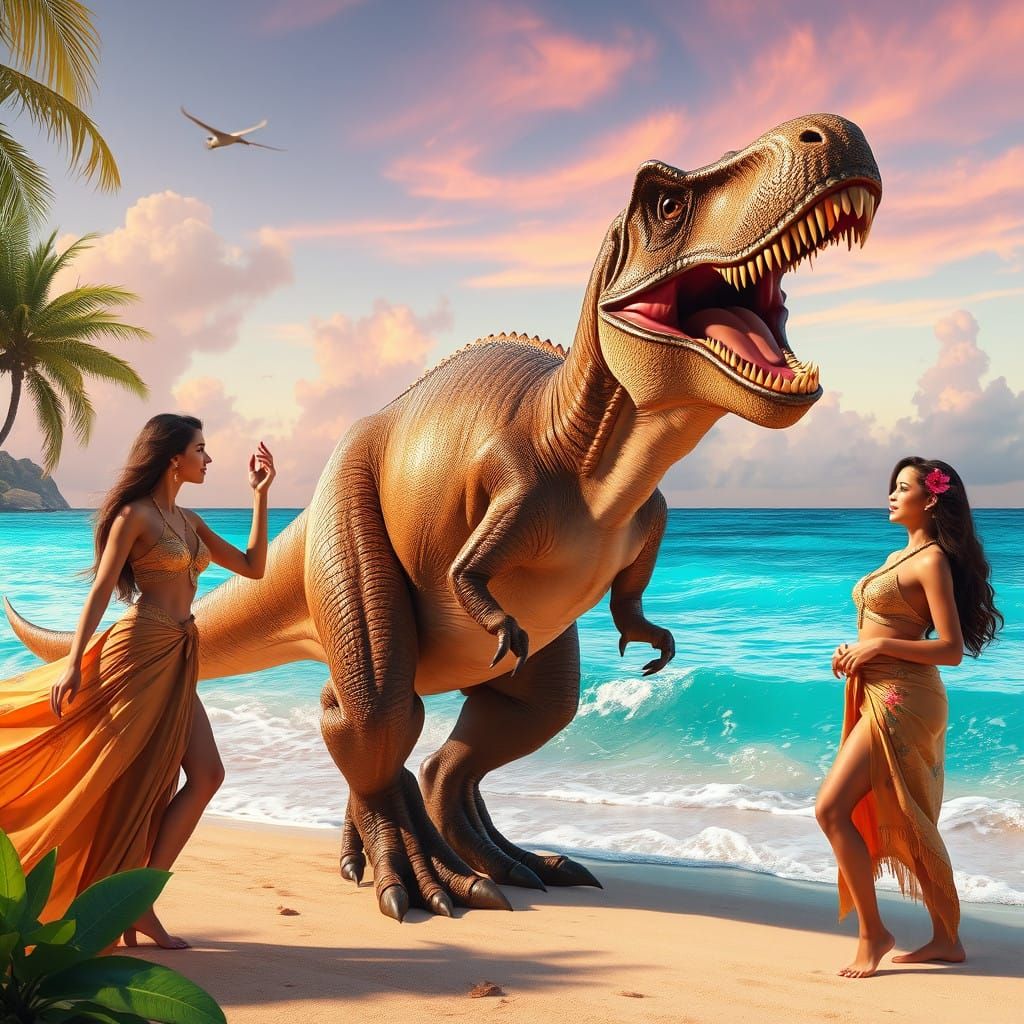Tyrannosaurus Rex on Tropical Beach with Beautiful Women