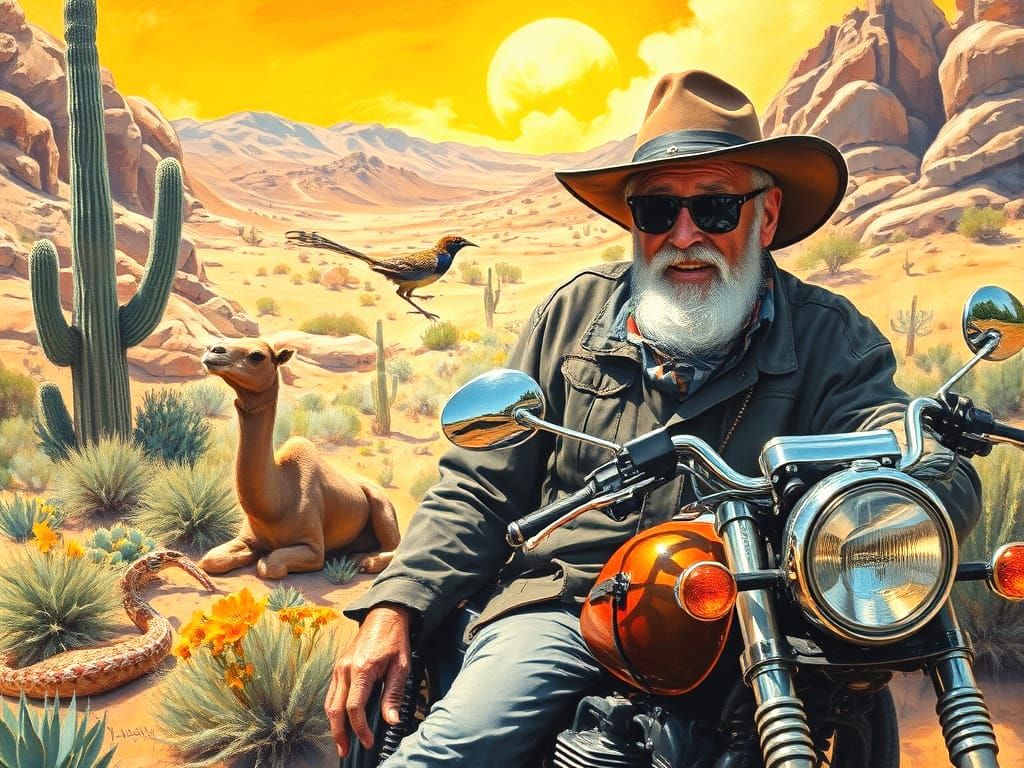 Oasis Biker Portrait with Desert Animals in Oil and Charcoal