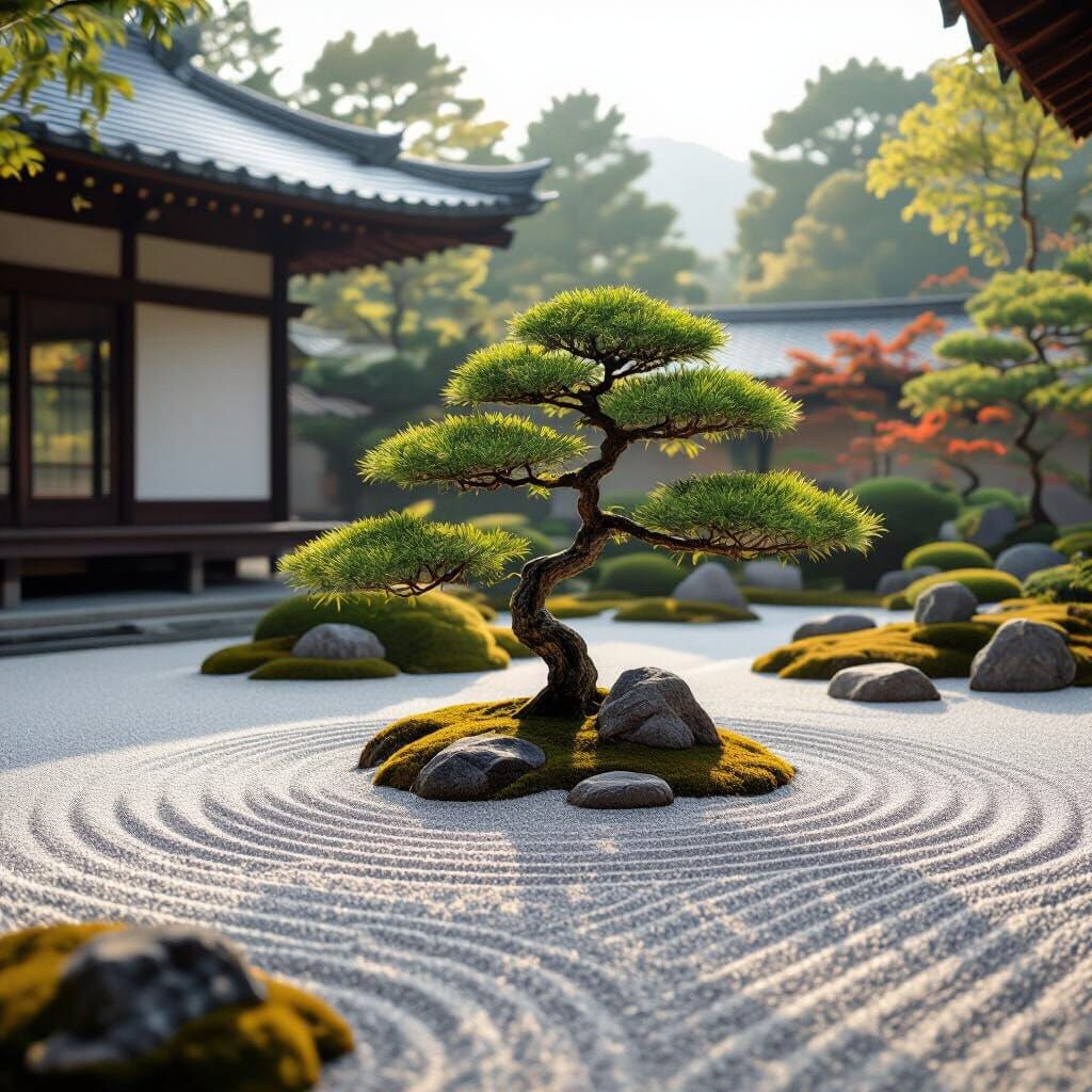 Tranquil Zen Garden with Bonsai and Raked Sand