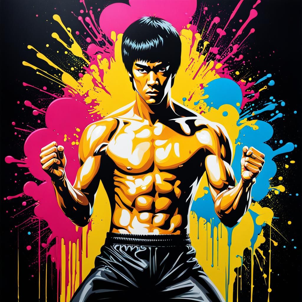 Bruce Lee Graffiti Art in Polychromatic Splash Style