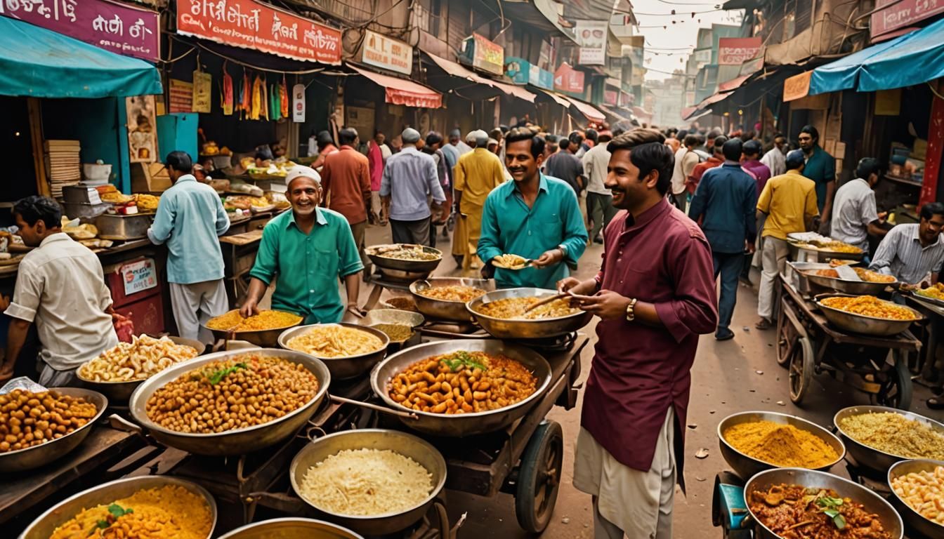 Vibrant Indian Street Food Scene as Mughal Miniature