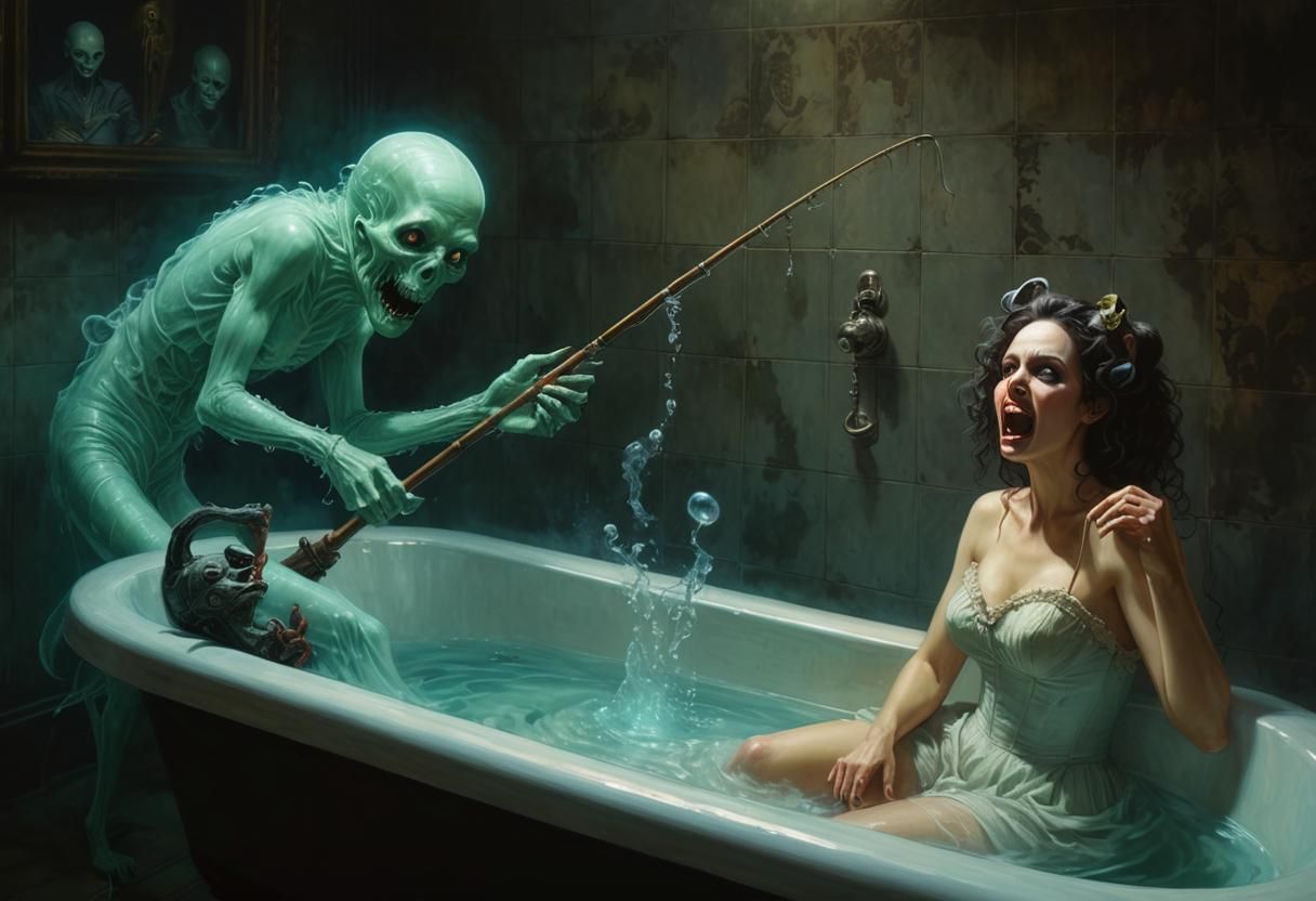 Fluorescent Ghost Fishes as Victorian Woman Screams