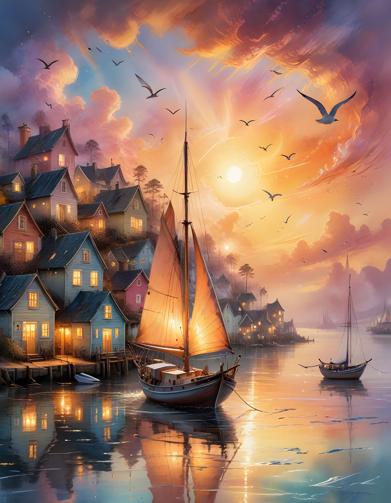 Dreamy Watercolor Sailboat Harbor at Sunset