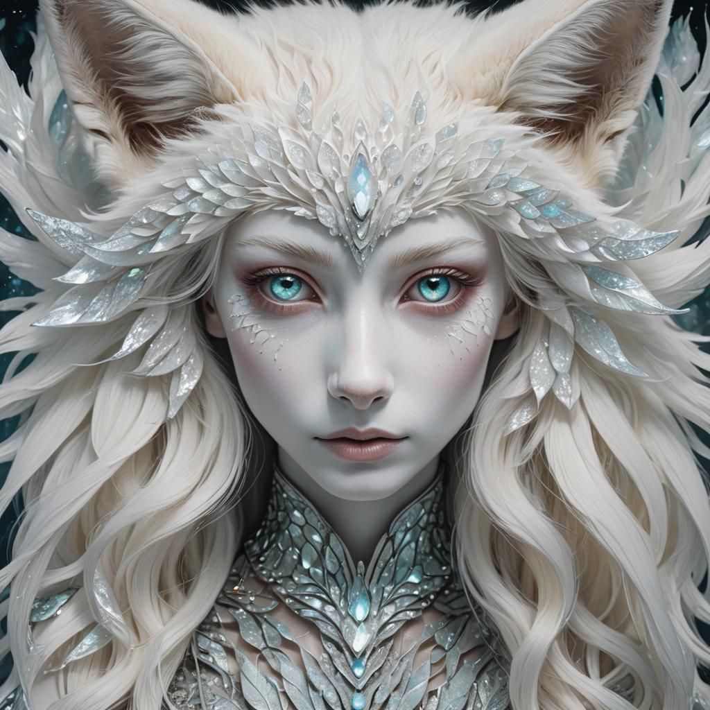 Woman Transforms into White Fox with Iridescent Eyes
