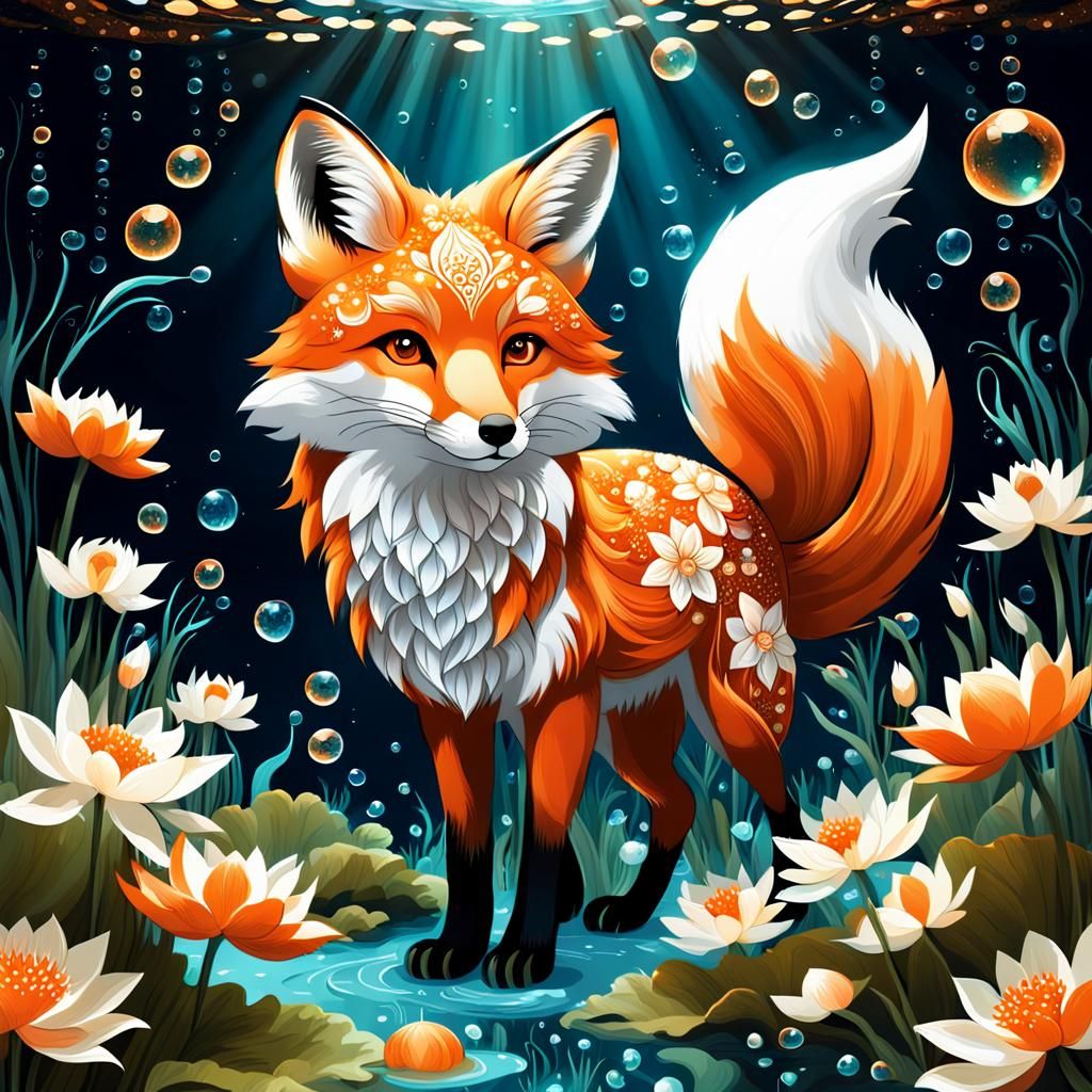 Stylized Fox in Underwater Lotus Garden