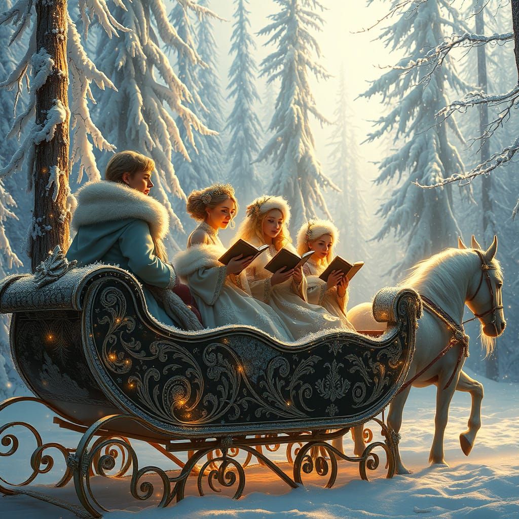 Victorian-Era Christmas Carolers in a Mystical Snowy Forest