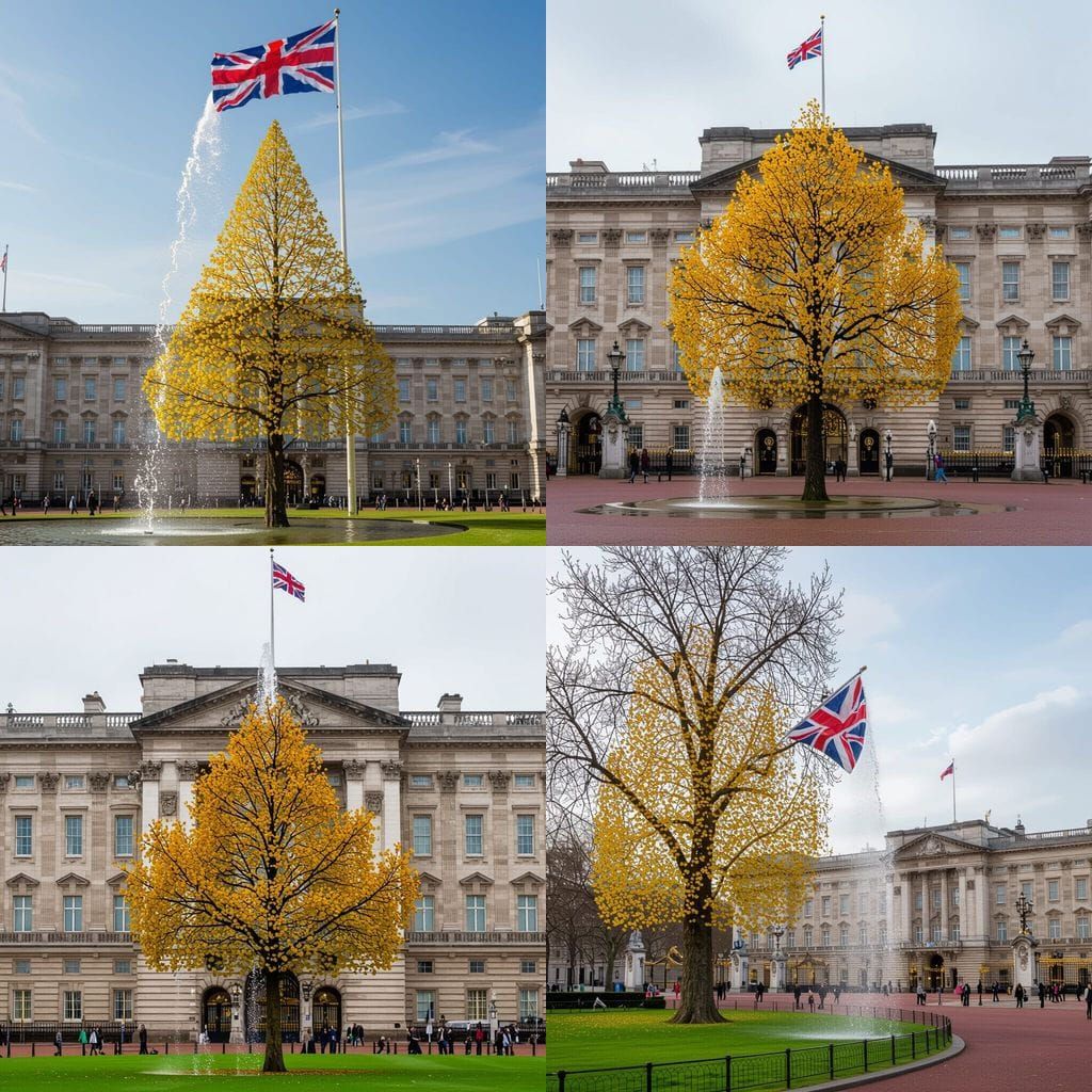 Yellow Tree at Buckingham Palace with Water Spouting Flag