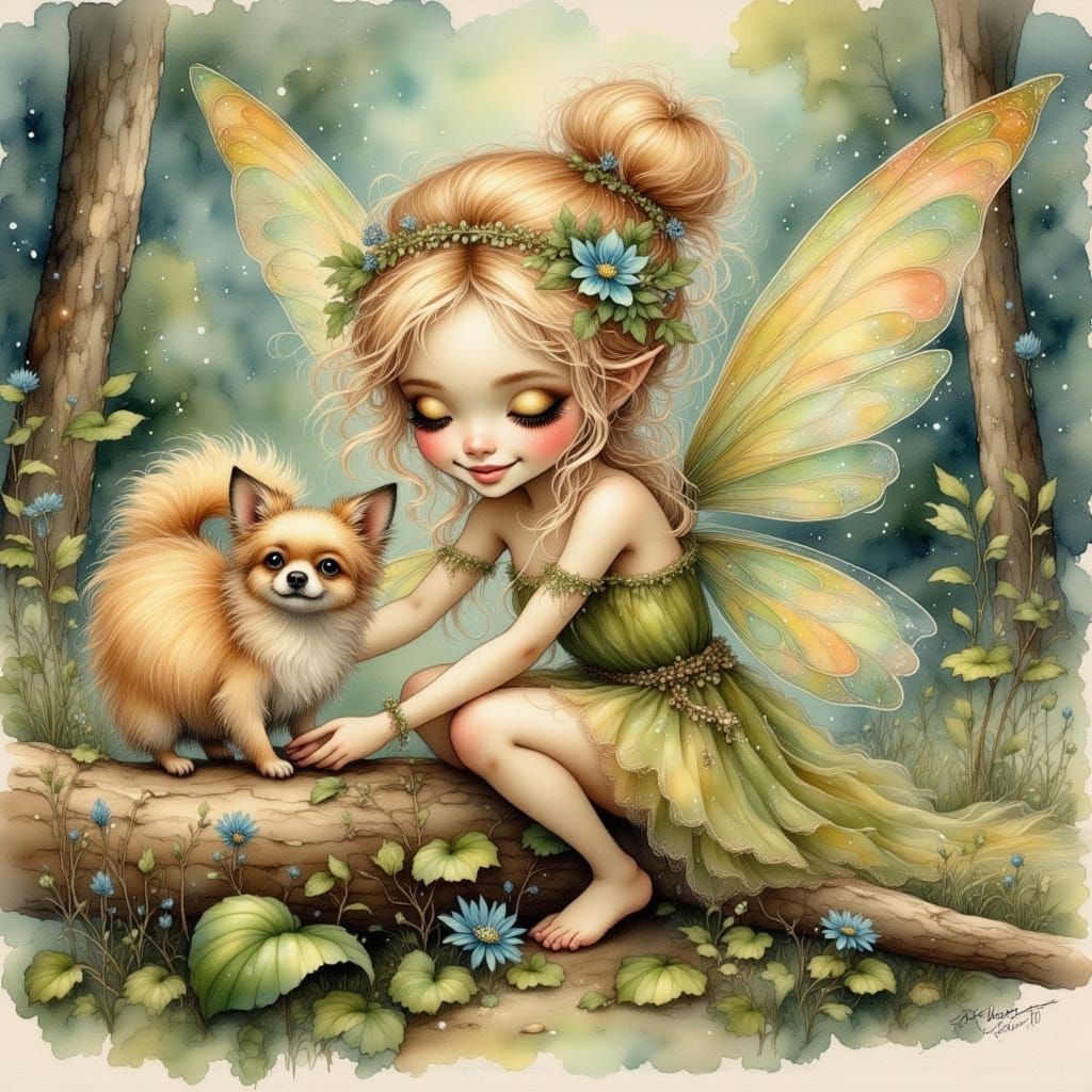 Fairy Plays with Chihuahua in Airbrush Style