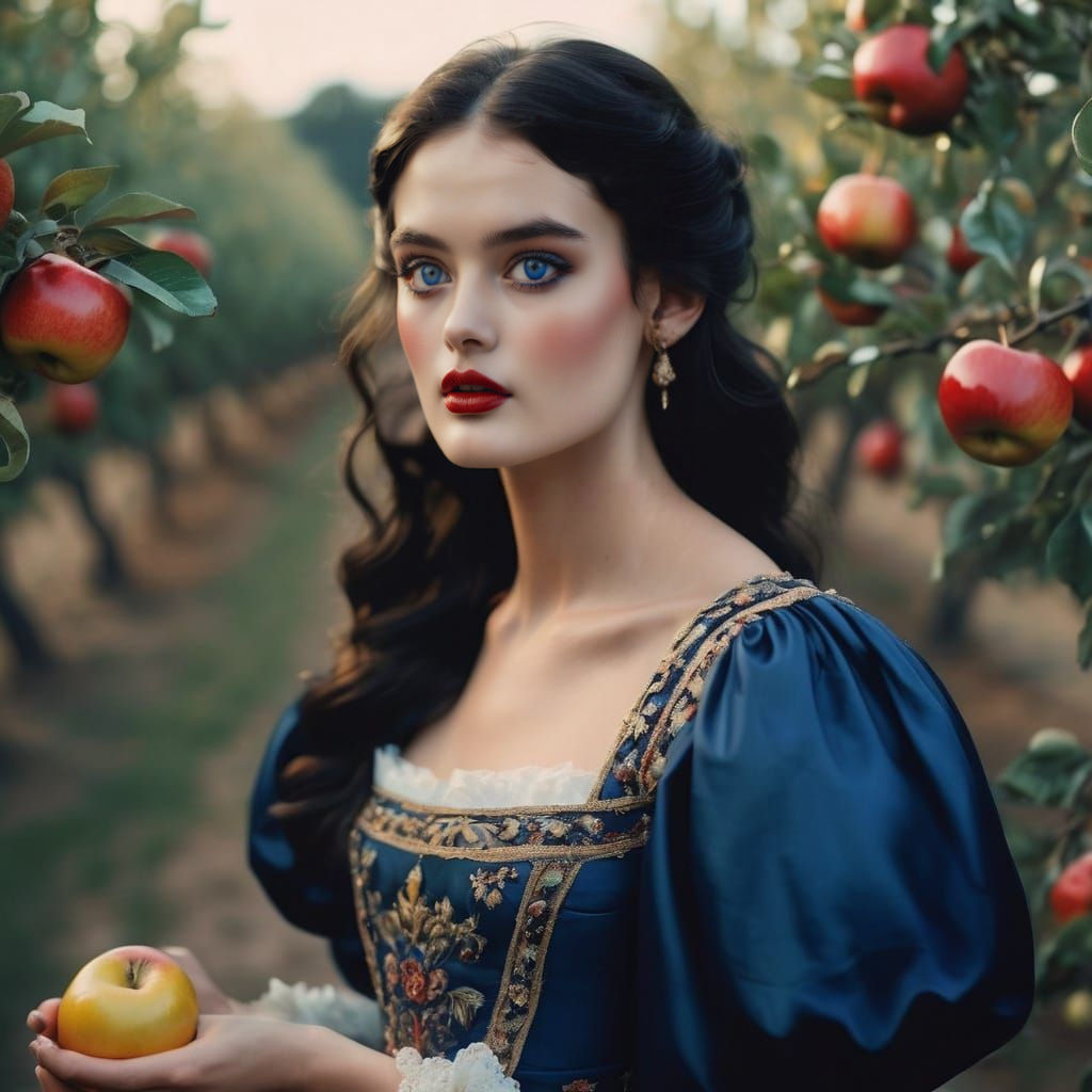 A young woman inspired by the classic tale of Snow White, with porcelain skin, long black hair, and striking blue eyes, ...