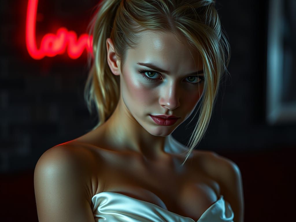 Blonde Woman in White Dress with Neon Lights