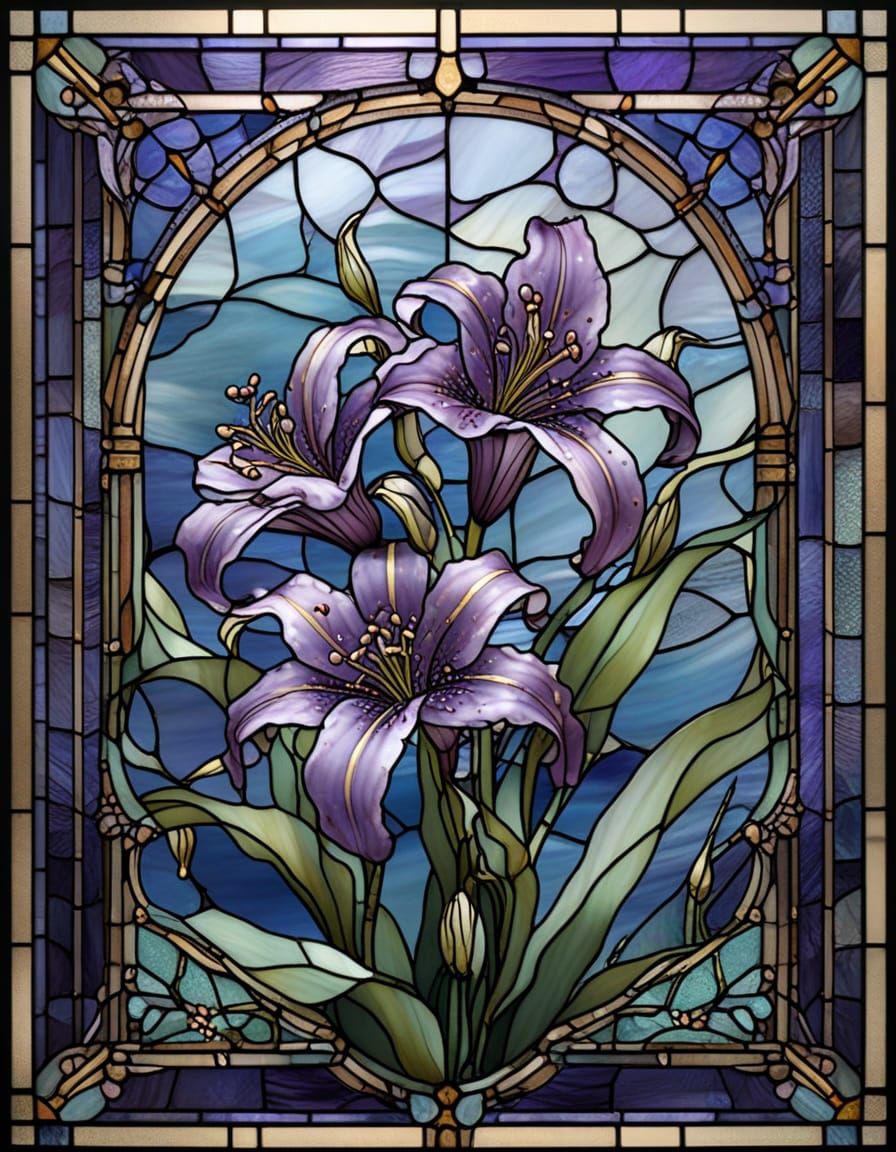 Purple Lily Stained Glass Art with Gold Lead Lines