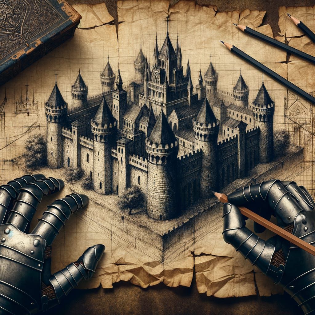 Medieval Castle Blueprint with Symbolic Armor