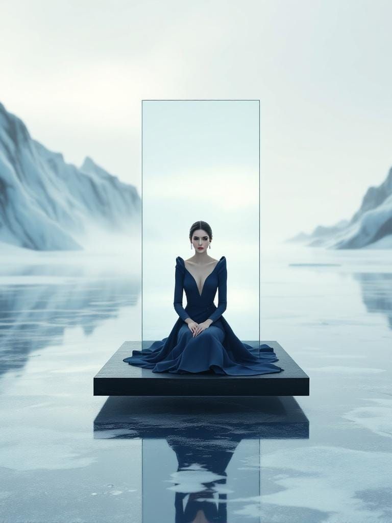 Regal Woman in Frozen Landscape with Mirror