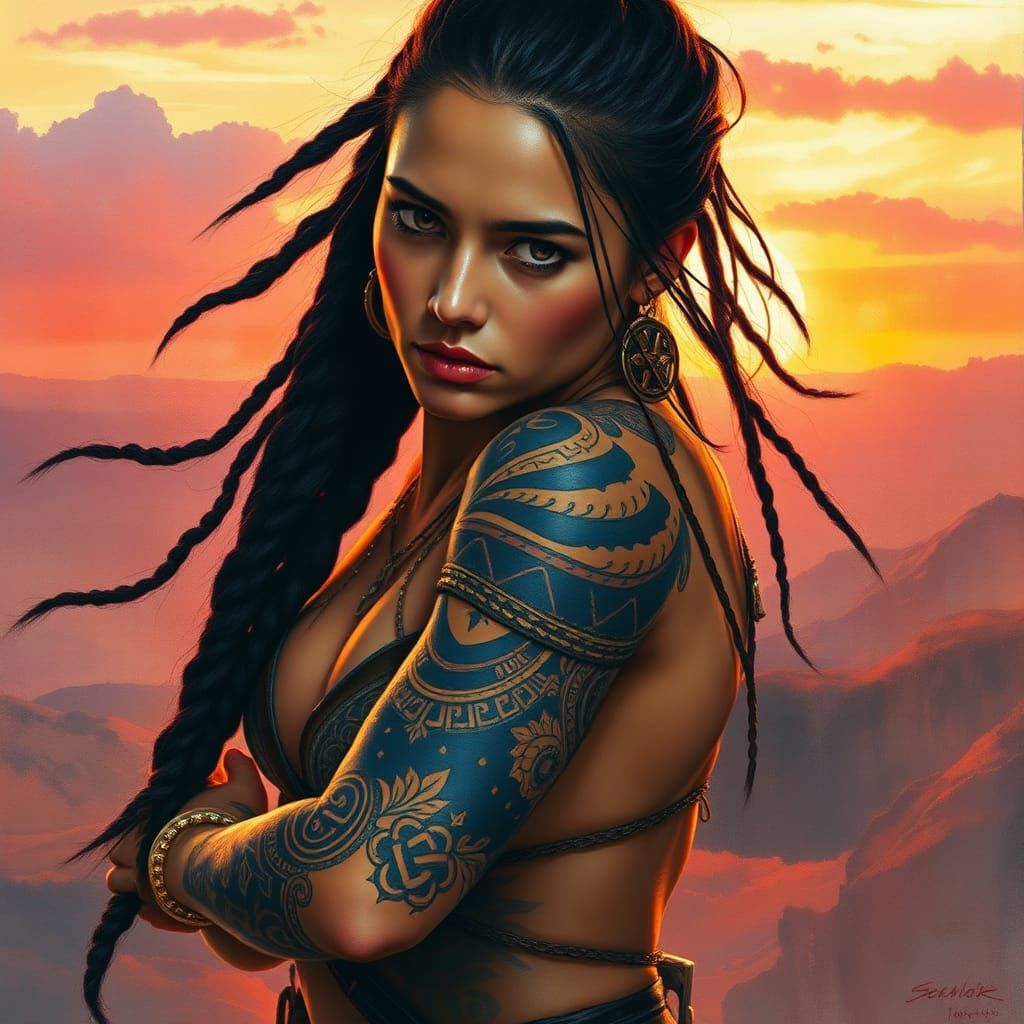 Tattooed Latina Warrior: Surreal Impasto Sunset