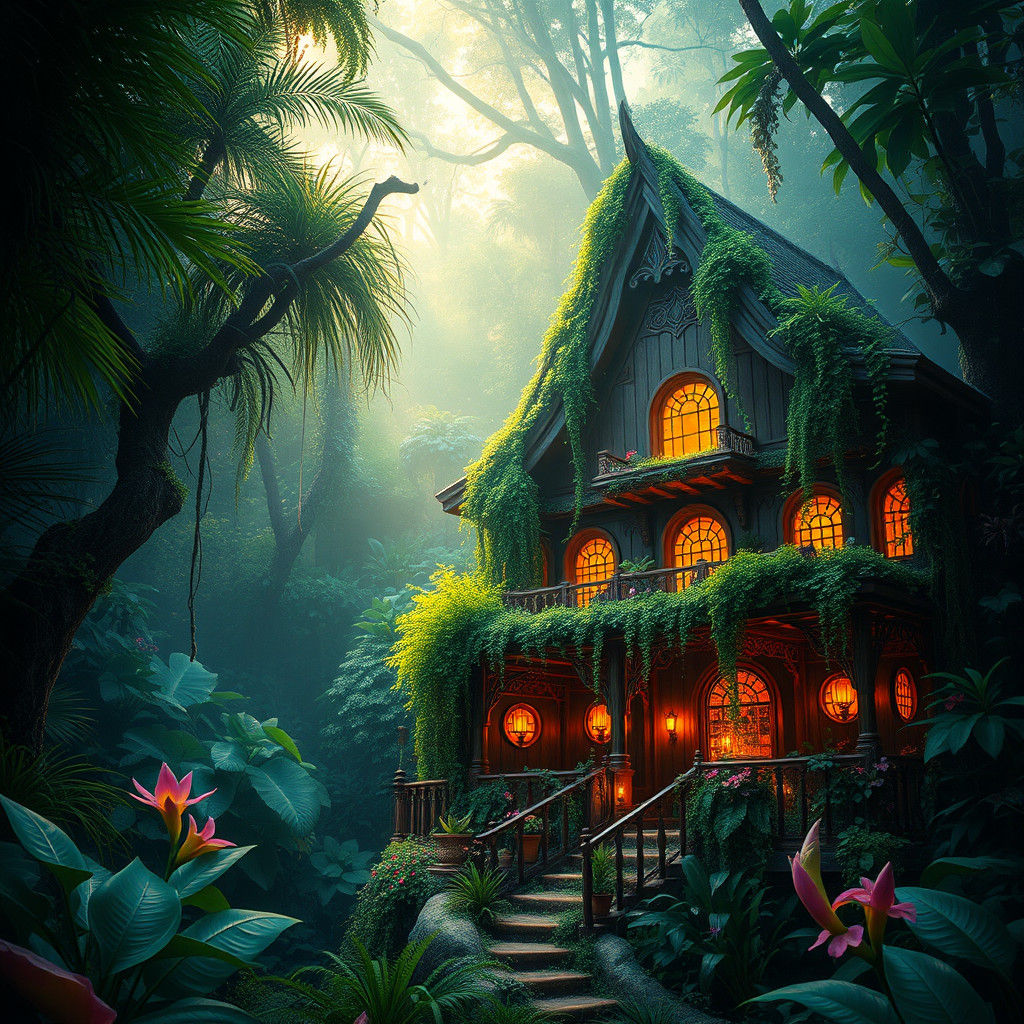 Mystical Jungle House Amidst Vibrant Rainforest