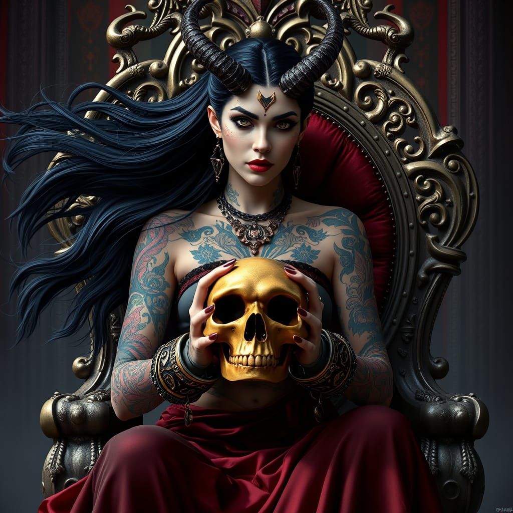 Dark Fantasy Queen with Horns and Tattoos