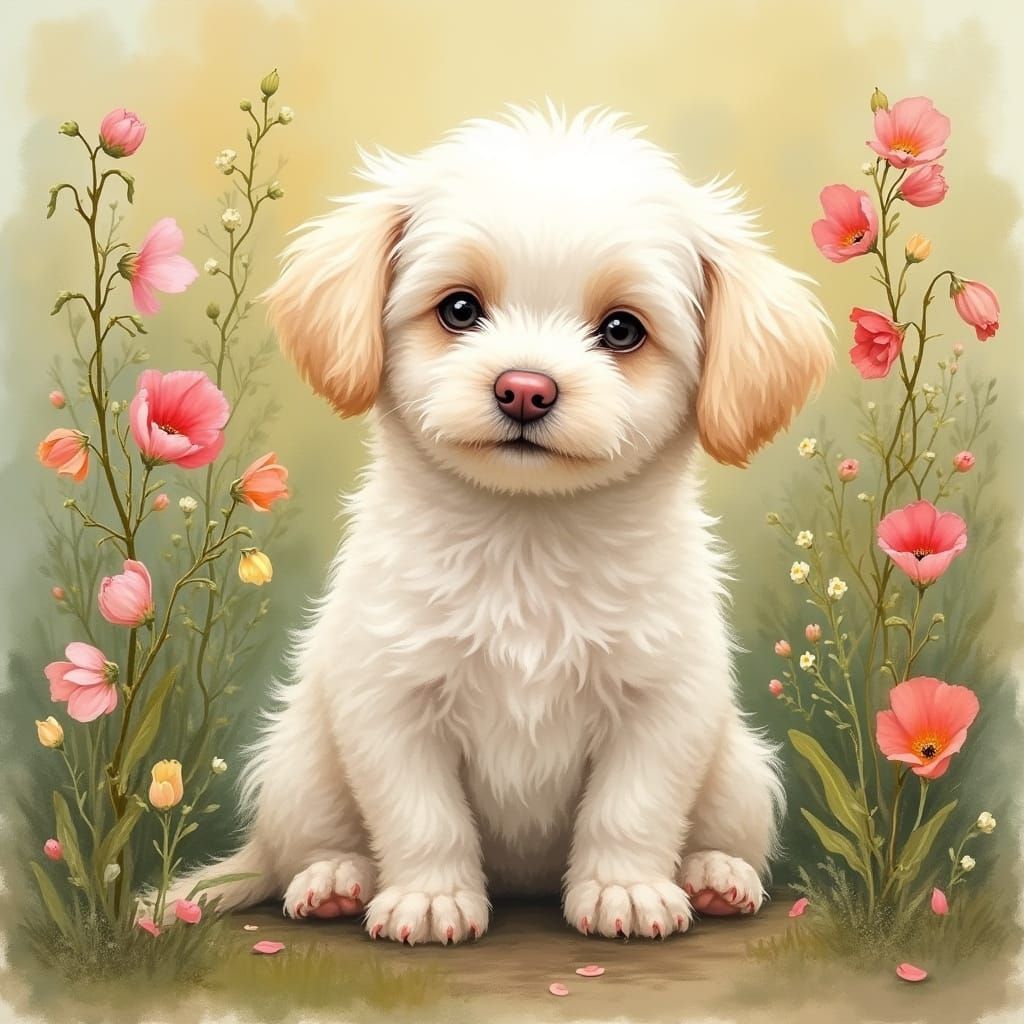 Whimsical White Dog in a Sweet Pea Garden