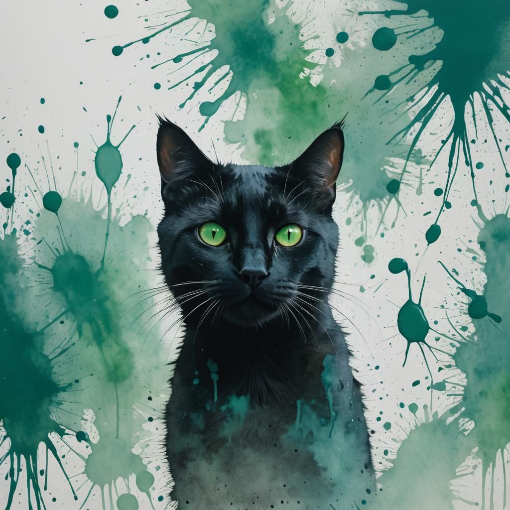 Black Cat Shadow in Ink Splatter Fantasy Art
