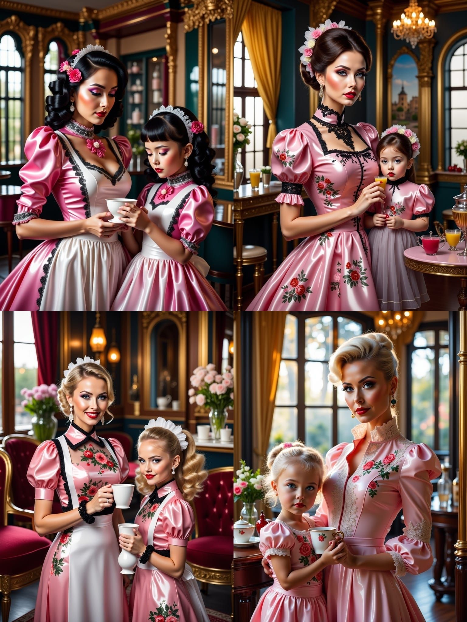 Mother and Daughter in Shiny Floral Dresses