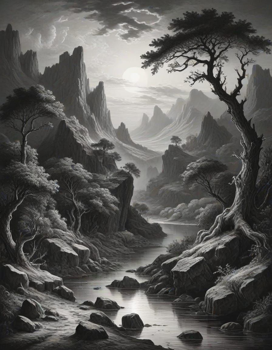 Landscape Etching in Gustave Dore Style