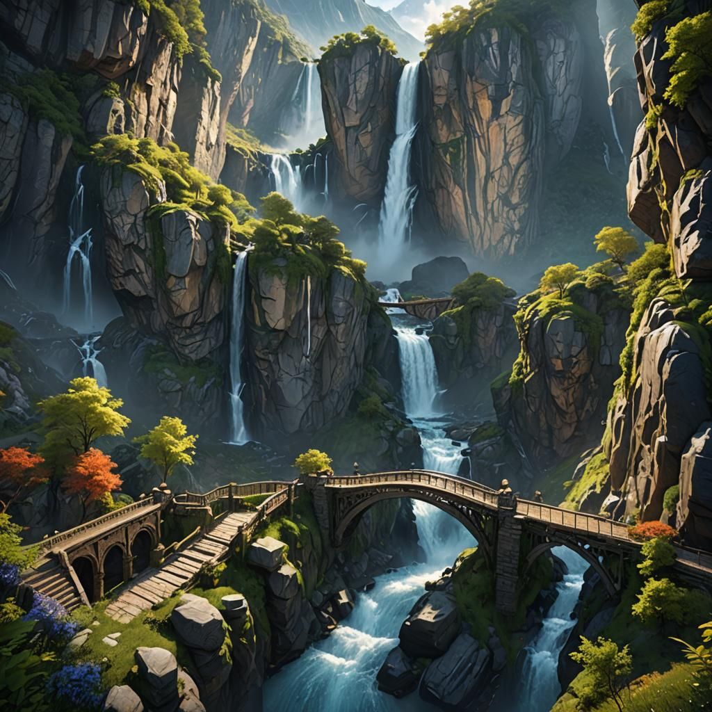 Majestic Waterfall Gorge with Stone Lace Bridges