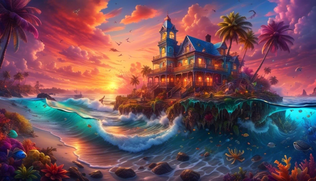 Fantasy Palm Tree Village at Sunset